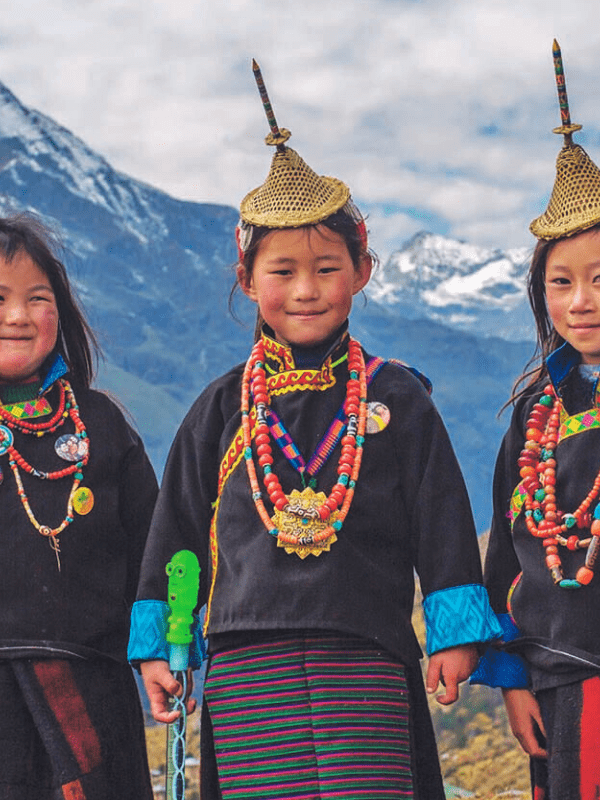 Beautiful Laya girls in their traditional attire in Bhutan